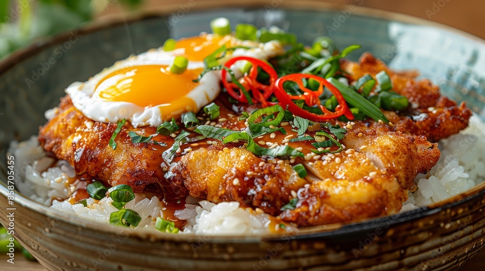 Crispy Chicken Katsu with Rice, Sunny Side Up Eggs, and Vegetables Crispy Chicken Katsu with Rice, Sunny Side Up Eggs, and Vegetables