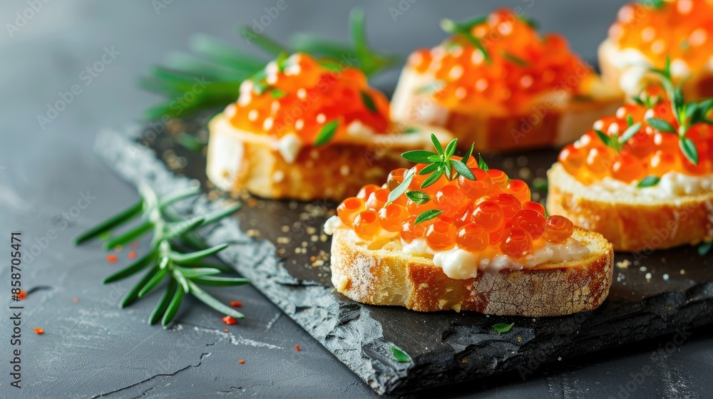 Buttered bruschetta with red caviar on black board with gray background Buttered bruschetta with red caviar on black board with gray background