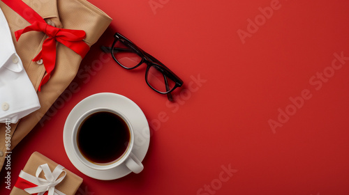 Gift set with coffee, glasses and shirt on red background. Father day concept. Christmas concept.