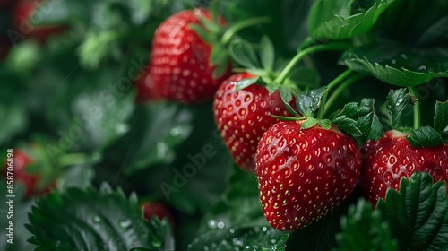 Vibrant, Juicy Strawberries on a Lush Green Plant in Natural Sunlight, Close-up View