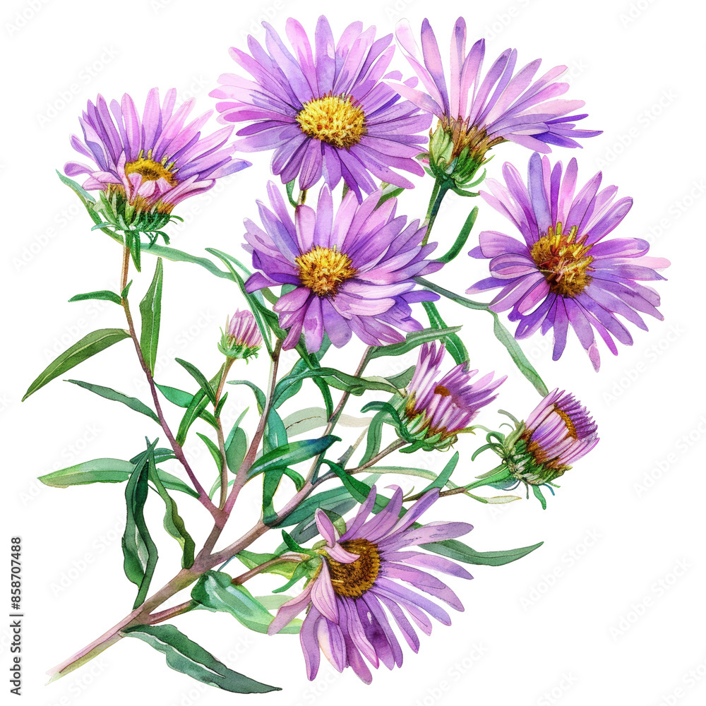A bouquet of delicate purple aster flowers with yellow centers, arranged in a cluster with green leaves. A bouquet of delicate purple aster flowers with yellow centers, arranged in a cluster with green leaves.