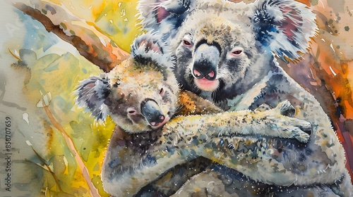 Koala and her baby watercolor painting. 