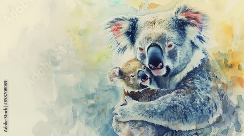 Koala and her baby watercolor painting.  photo