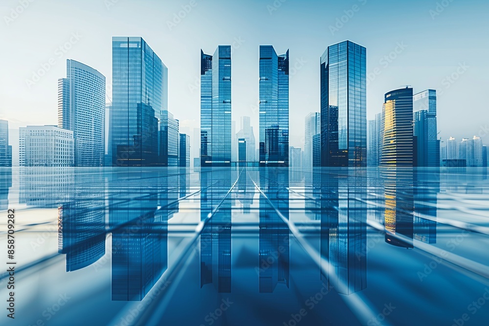 Modern city skyline with skyscrappers and reflection created with Generative AI Modern city skyline with skyscrappers and reflection created with Generative AI