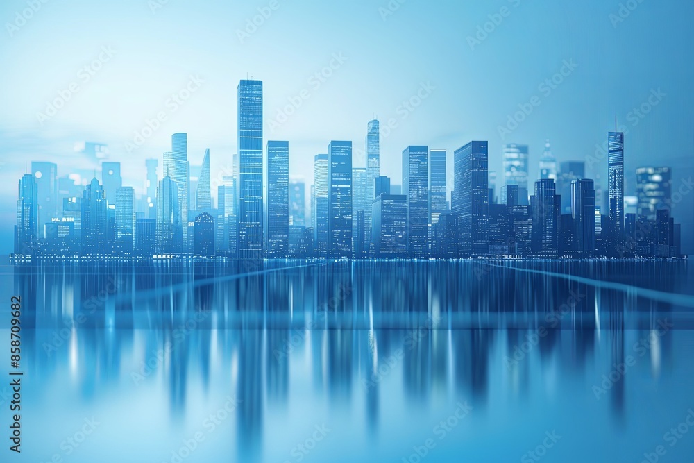 Modern city skyline with skyscrappers and reflection created with Generative AI Modern city skyline with skyscrappers and reflection created with Generative AI