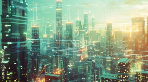 surreal digital cityscape with interconnected skyscrapers and advanced urban infrastructure, showcasing the future of smart cities and digital connectivity