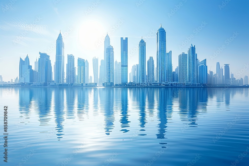 Modern city skyline with skyscrappers and reflection created with Generative AI Modern city skyline with skyscrappers and reflection created with Generative AI