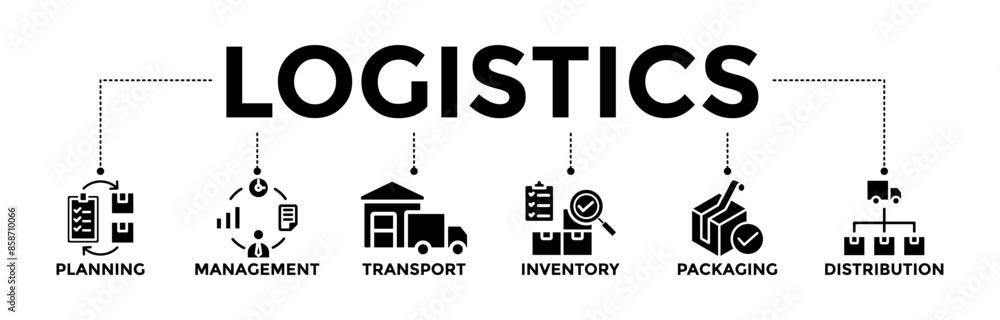 Logistics banner icons set. Vector graphic glyph style with icon of planning, management, transport, inventory, packaging, and distribution
Logistics banner icons set. Vector graphic glyph style with icon of planning, management, transport, inventory, packaging, and distribution