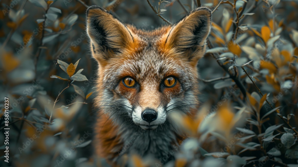 Fototapeta premium Wild Fox with Piercing Eyes in Dense Foliage at Dawn