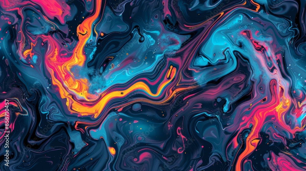 Obraz premium Abstract Swirling Paint Art - Blue, Orange, Pink, Black Liquid Marbling