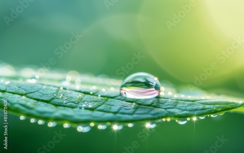 Close-up of a fresh green leaf with a water droplet, showcasing nature's beauty and tranquility in vibrant detail. photo