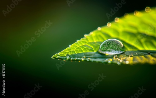 Close-up of a single water droplet on the tip of a green leaf against a dark, blurred background, showcasing nature's delicate beauty.