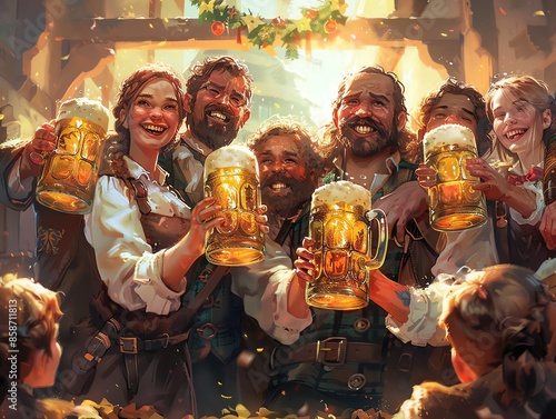 Oktoberfest celebration with people in traditional Bavarian attire, holding large beer steins, festive decorations photo