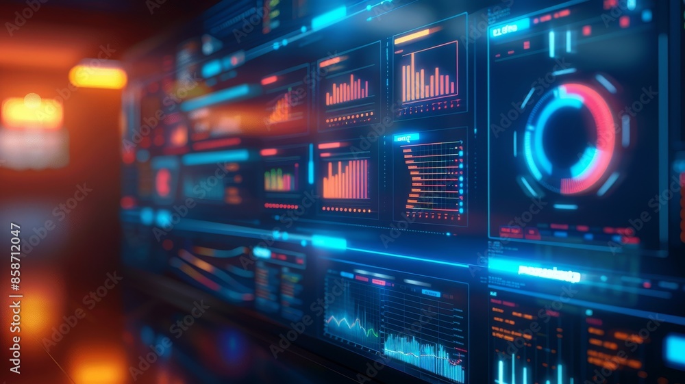Naklejka premium Futuristic digital dashboard displaying data analytics with vibrant graphs and charts. Perfect for technology, finance, and innovation themes.