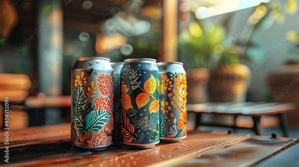 Assorted craft beer cans with artistic designs, vibrant and modern look, casual living room setting Assorted craft beer cans with artistic designs, vibrant and modern look, casual living room setting
