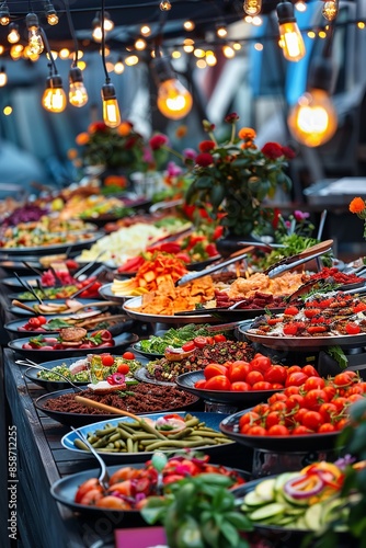 Vibrant Outdoor Buffet with Fresh, Colorful Food and Ambient Lighting photo