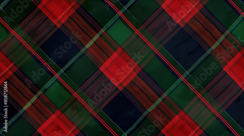 A tartan plaid pattern with intersecting bands of deep red, forest green, and navy blue, inspired by Scottish heritage.