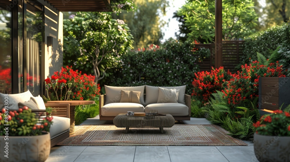 Obraz premium Serene Outdoor Living Space with Lush Greenery and Cozy Furniture