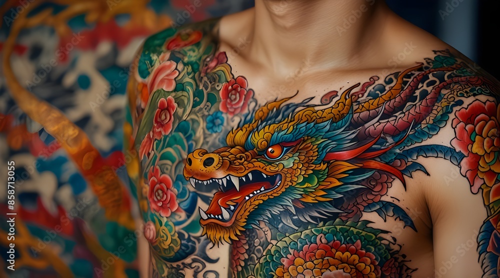 Asian tattoo art closeup of colorful dragon patterns on the body.generative.ai Asian tattoo art closeup of colorful dragon patterns on the body.generative.ai