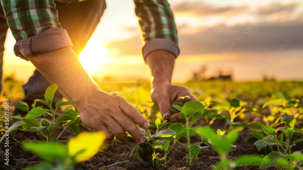 Farmer's Hand Examining Soybean Seedlings at Sunset Farmer's Hand Examining Soybean Seedlings at Sunset
