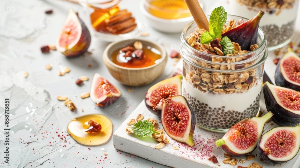 Chia pudding served in a glass jar with yogurt granola figs and honey on a white wooden board Chia pudding served in a glass jar with yogurt granola figs and honey on a white wooden board