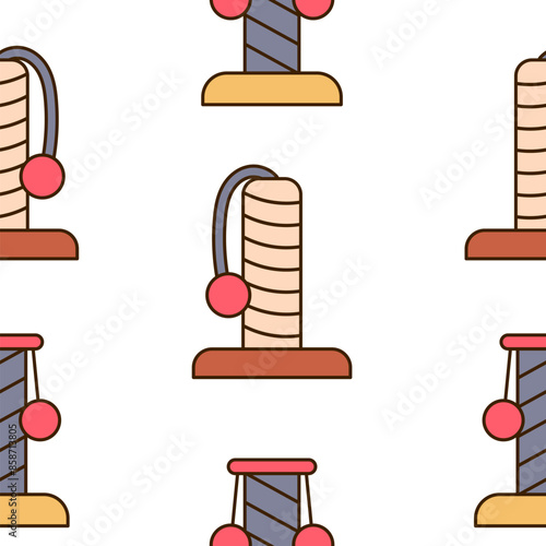Scratching post for home cats. Seamless pattern. Kitty houses and furniture. Veterinary shop merchandise. Hand drawn style. Vector drawing. Design ornaments.