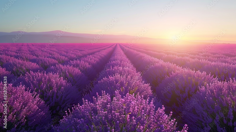 Obraz premium Sunset Over Lavender Fields: A Serene Purple Horizon