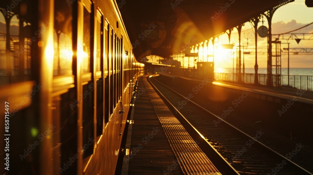 As the sun sets the train station takes on a magical quality with golden light reflecting off the sea. As the sun sets the train station takes on a magical quality with golden light reflecting off the sea.
