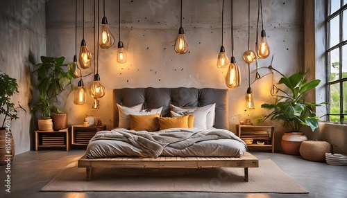 interior design bedroom night atmosphere interior design with Antique style light bulbs on concrete background