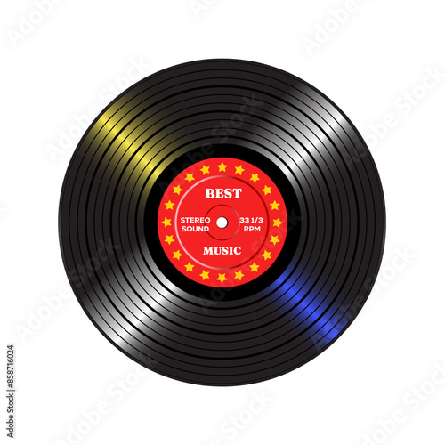 Long play vynil record with red paper label isolated on white background.