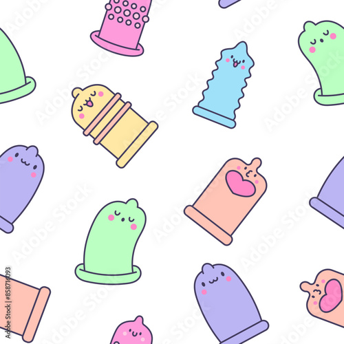 Cute kawaii condoms with faces and emojis. Seamless pattern. Cartoon contraception characters. Hand drawn style. Vector drawing. Design ornaments.