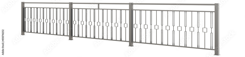The image shows a simple metal fence with vertical bars and a horizontal top rail on a transparent background The image shows a simple metal fence with vertical bars and a horizontal top rail on a transparent background