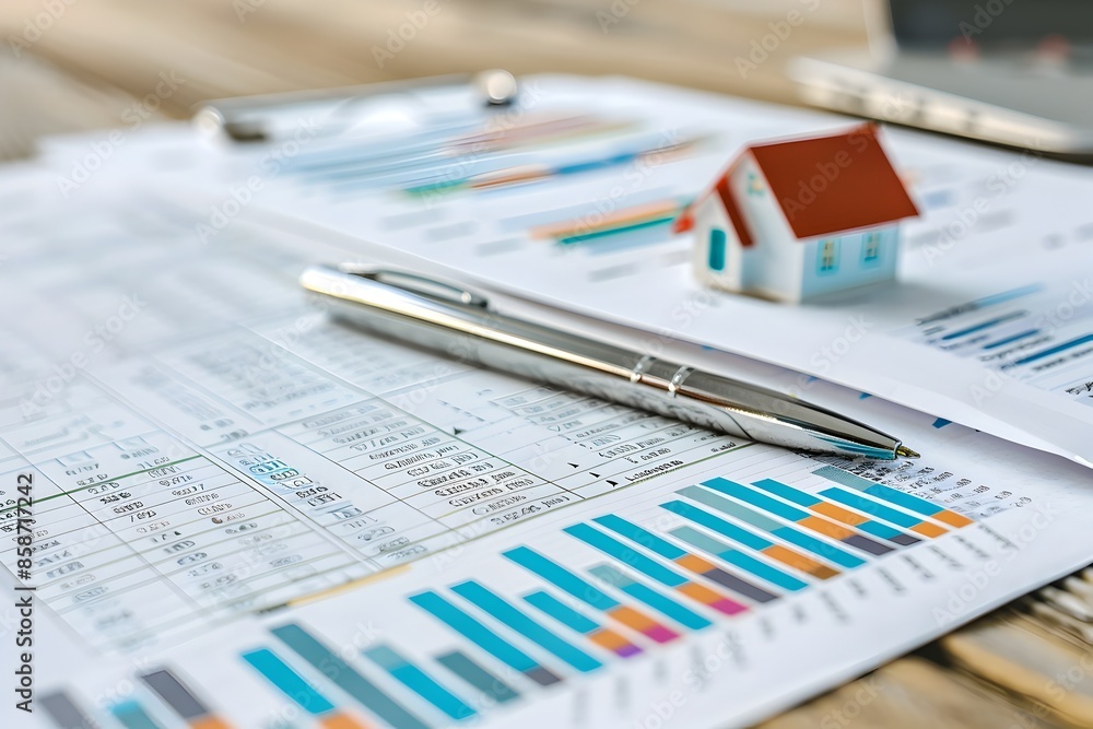 Reviewing Home Budget with Financial Documents and Small House Model on Desk Reviewing Home Budget with Financial Documents and Small House Model on Desk