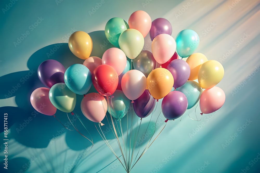 A Beautiful Bunch Of Colorful Balloons Floating In The Air Against A Blue Background. A Beautiful Bunch Of Colorful Balloons Floating In The Air Against A Blue Background.