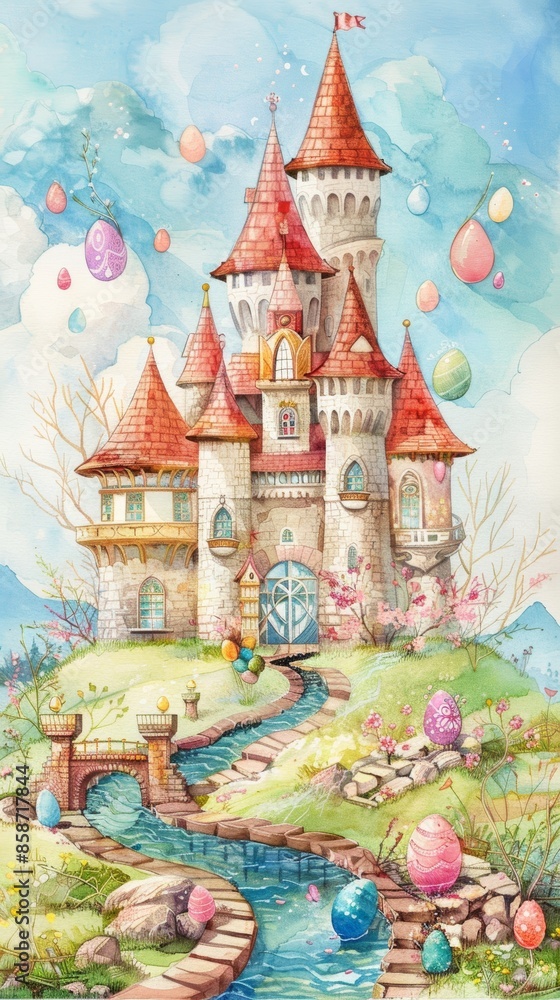 A whimsical castle with a winding path leading to its entrance, surrounded by colorful Easter eggs floating in the air. A whimsical castle with a winding path leading to its entrance, surrounded by colorful Easter eggs floating in the air.