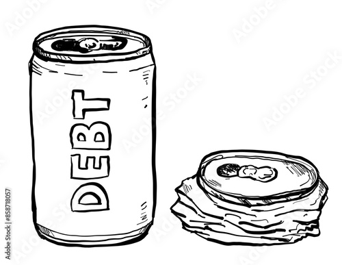 Drawing sketch style illustration of a soda can with Debt text writing  and a crumpled crushed one on isolated background done in black and white ilne art.