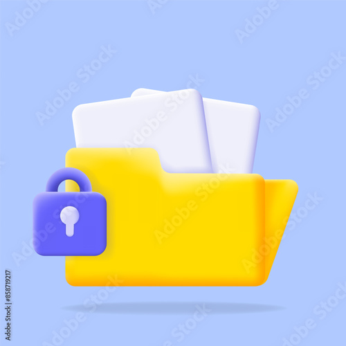 Secure your documents with this icon of a yellow folder and a lock. Ideal for data protection, privacy, and cybersecurity visuals, 3d icon illustration