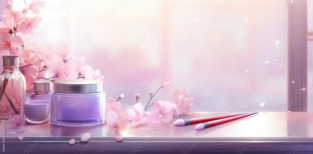 cosmetic background featuring a glass bottle, pink and white flowers, and a red pen on a table cosmetic background featuring a glass bottle, pink and white flowers, and a red pen on a table
