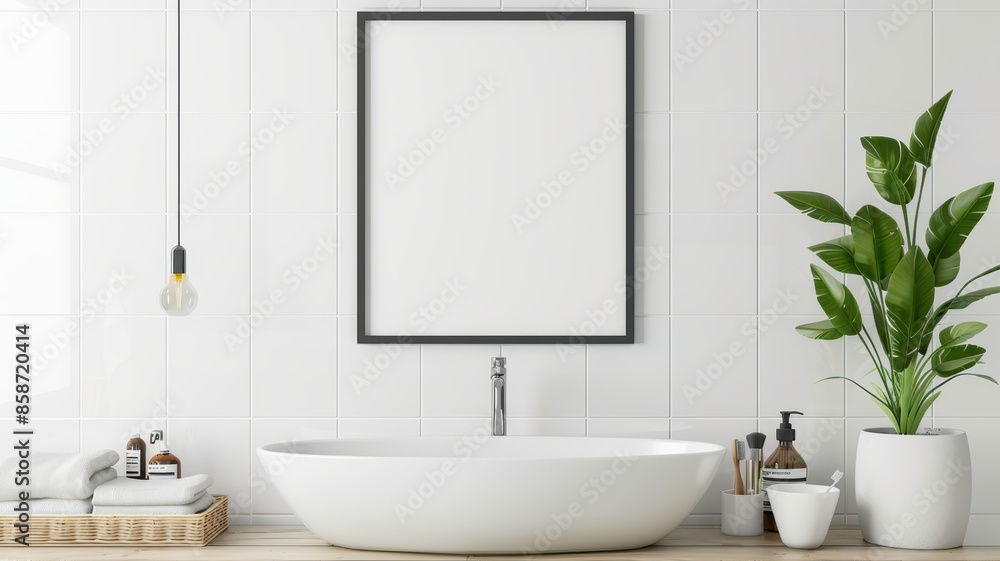 Fototapeta premium Empty frame on wall in minimalist bathroom, white tiles, simple fixtures, clean space