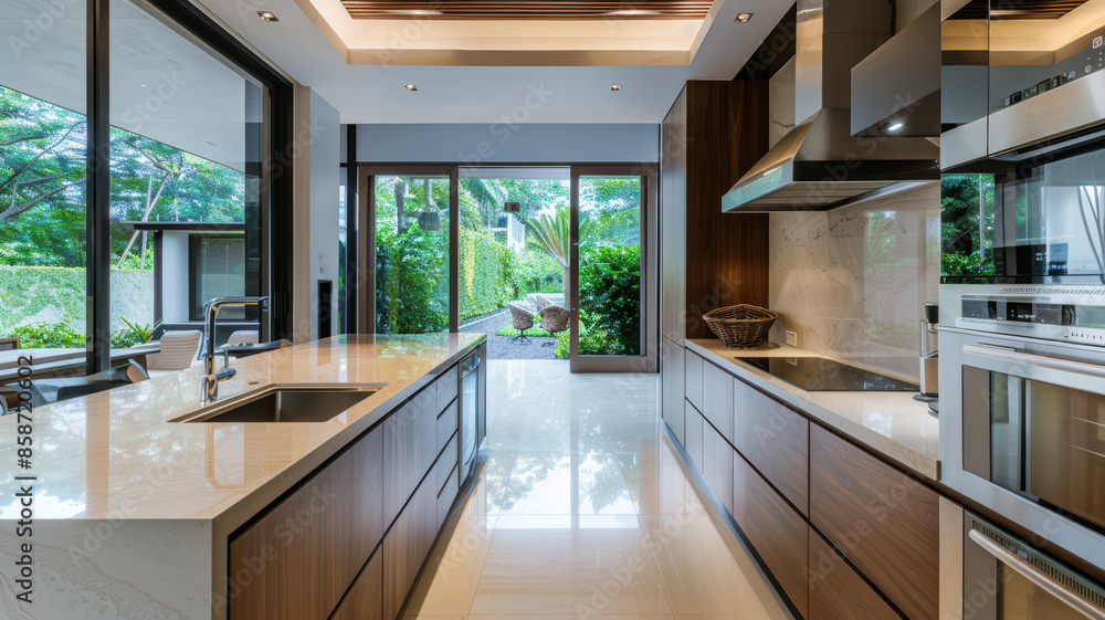 Modern Luxury Kitchen with Island and Garden View in Contemporary Home Modern Luxury Kitchen with Island and Garden View in Contemporary Home
