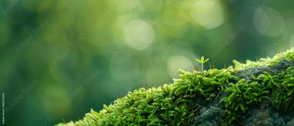 Close-Up of Fresh Green Moss and Tiny Plant Growing on a Rock in a Lush Forest Close-Up of Fresh Green Moss and Tiny Plant Growing on a Rock in a Lush Forest