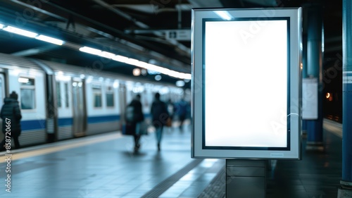 Blank Advertisement Billboard in Modern Subway Station with Blurred Commuters and Train in Background