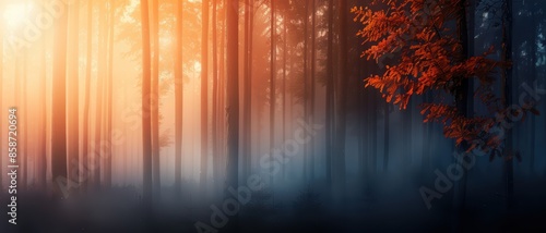 Mystical Sunrise in Foggy Forest with Autumn Leaves and Tall Trees © FoxGrafy