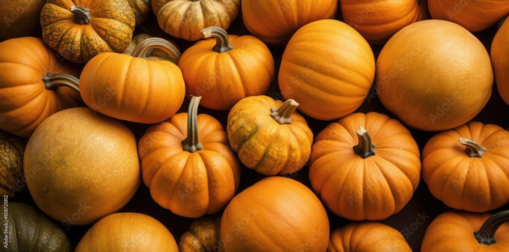 fall background with pumpkins of various sizes and colors, including orange, yellow, and brown, arranged in a row with a brown stem visible in the foreground fall background with pumpkins of various sizes and colors, including orange, yellow, and brown, arranged in a row with a brown stem visible in the foreground