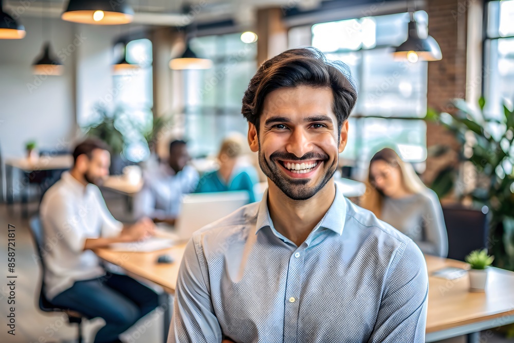 Smiling Businessman Standing With Arms Crossed In A Modern Office. Smiling Businessman Standing With Arms Crossed In A Modern Office.