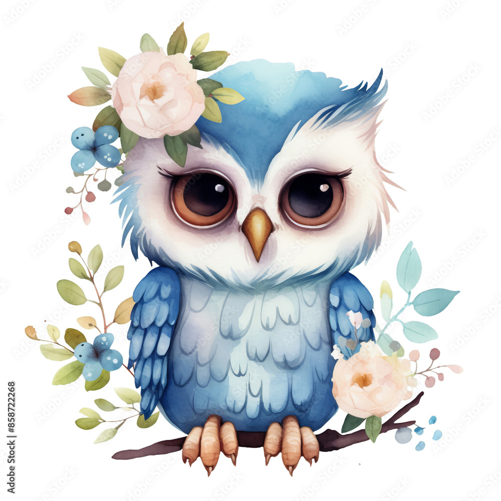 Fototapeta premium Cute blue owl with big eyes, wearing a flower crown, surrounded by floral elements. Perfect for children's book illustrations, card design, or social media posts.
