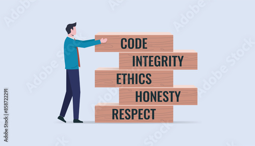 Business culture and code of conducts concept with wooden blocks with words code, integrity, ethics, honesty and respect.