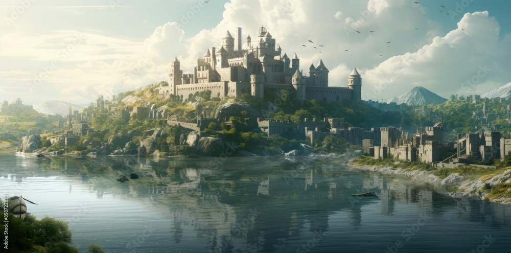 kingdom background castle in the sky a serene landscape featuring a white cloud, calm water, blue sky, and a flying bird kingdom background castle in the sky a serene landscape featuring a white cloud, calm water, blue sky, and a flying bird