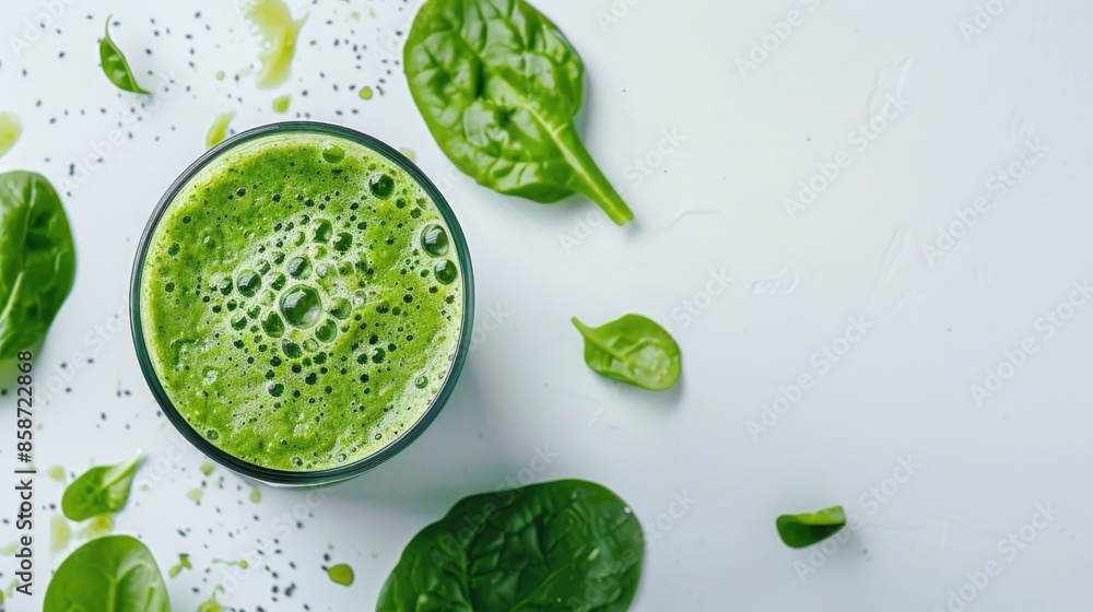 Obraz premium Detox Green Smoothie on White Table with Copy Space