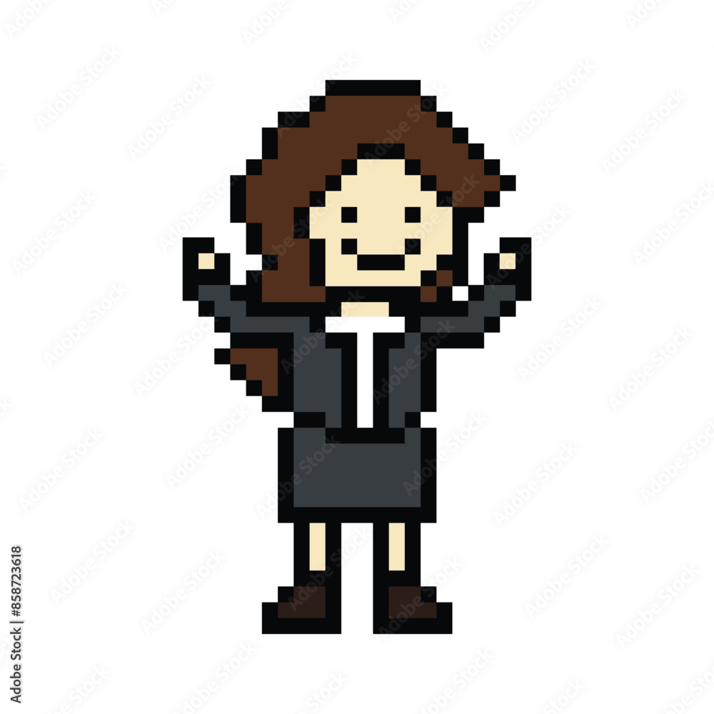 Obraz premium Cute pixel cartoon 8bit character business woman businesswoman smart work life office game for decoration business 8 bit female career smart character game vector.